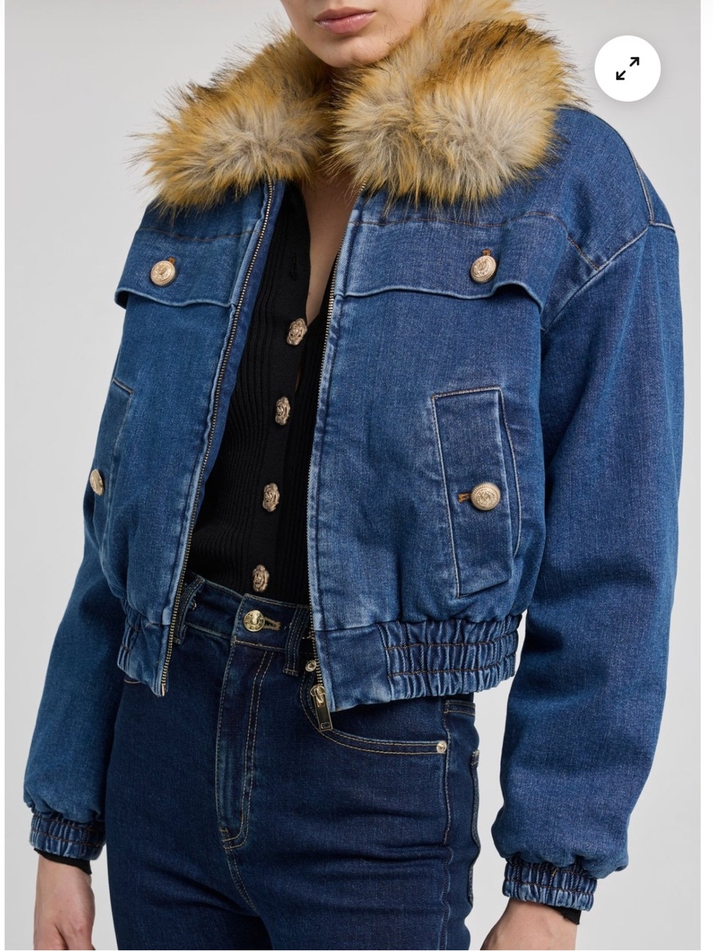 Generation Love Blue Denim Bomber Jacket with Faux Fur Collar